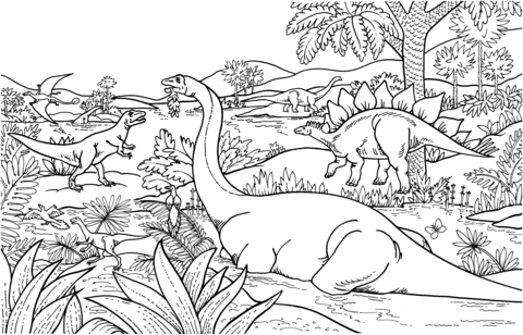 Apatosaurus Brontosaurus, Rhamphorhynchus, Allosaurus, Stegosaurus, Archaeopteryx And Coelurus Coloring Page